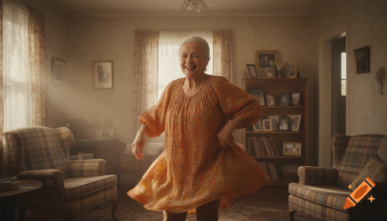 A smiling elderly woman in an orange dress joyfully twirls in a sunlit, cozy living room.