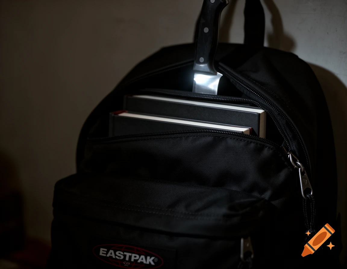 A black Eastpak backpack with two books and a knife partially visible, in a dark and unsettling setting.