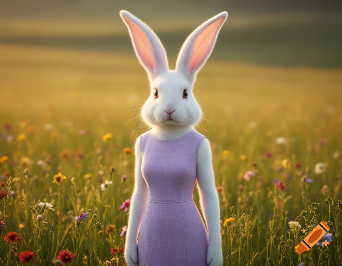 Photorealistic anthropomorphic white rabbit in a light purple dress ...