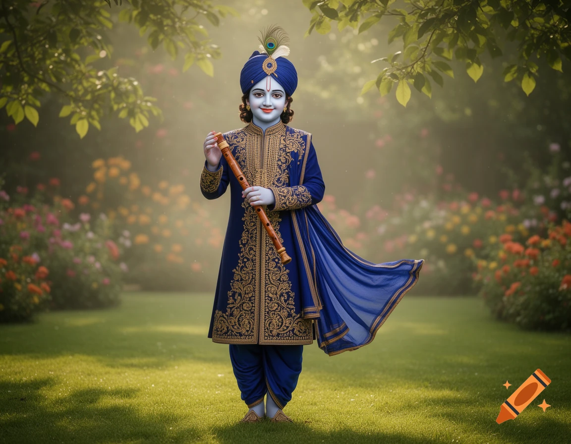 Young Lord Krishna with blue skin in ornate blue and gold attire, holding a flute in a garden.