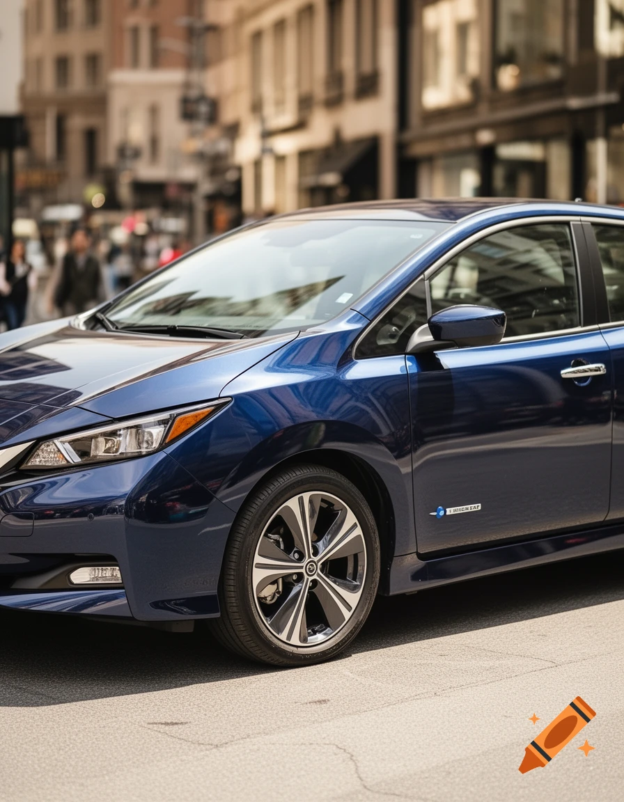 A blue Nissan Leaf electric car is parked on a city street, viewed from its front-right side, with blurred buildings in the background.