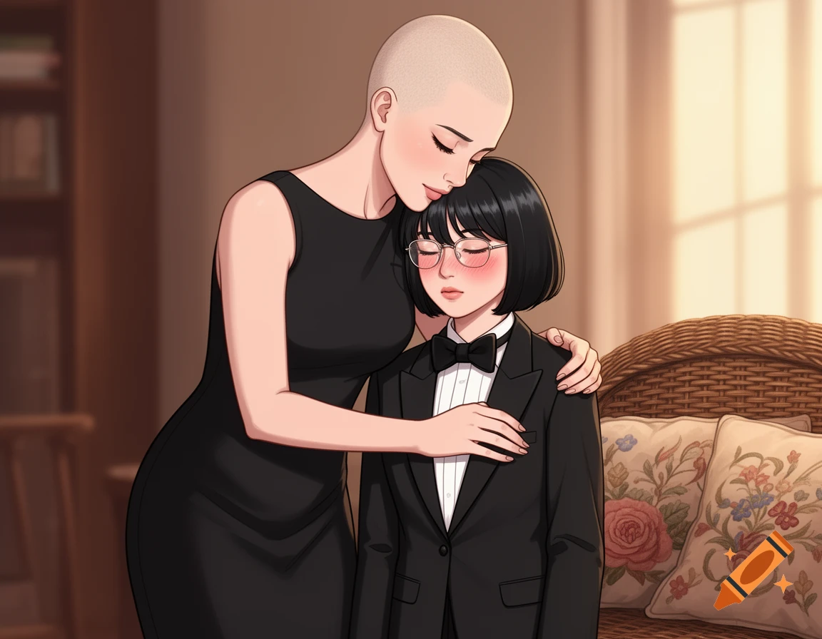 Digital illustration of a bald woman in a black dress embracing a blushing woman in a tuxedo and glasses indoors.