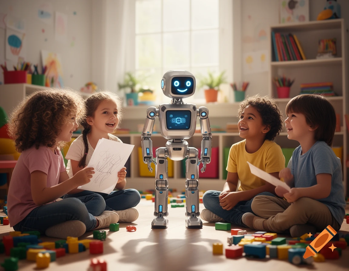 Four smiling children sit on the floor around a friendly robot in a bright playroom with toys. One girl holds a drawing.