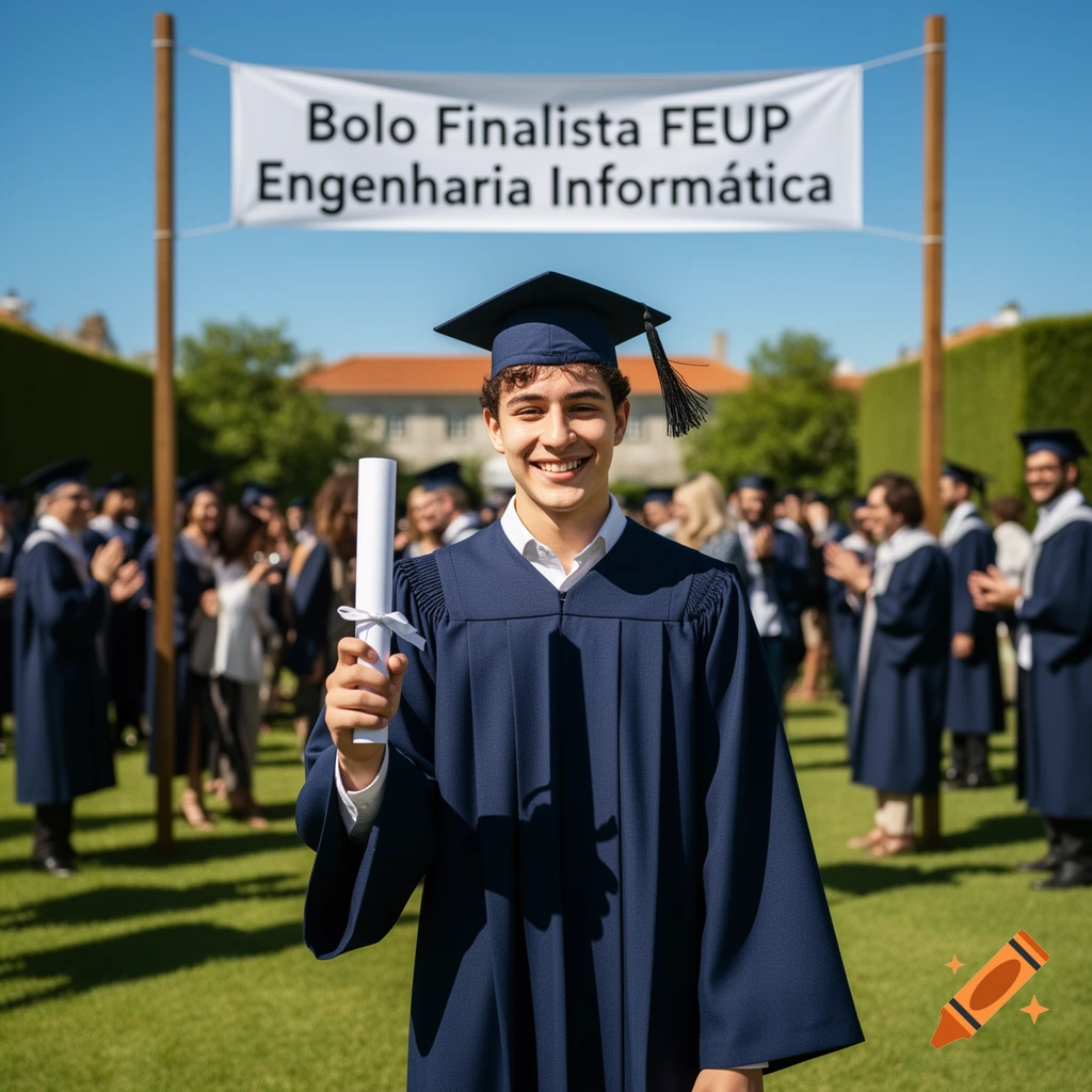 A young man in a graduation gown and cap holds a diploma and smiles at a sunny outdoor graduation ceremony, with a banner in the background.