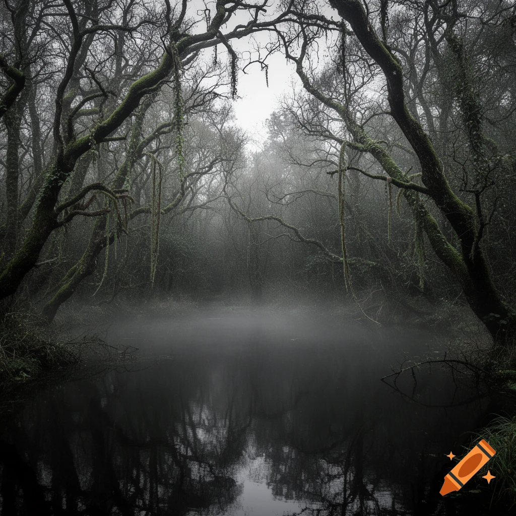 A dark, murky forest scene with moss-covered trees arching over a still, foggy lake, reflecting the somber sky.