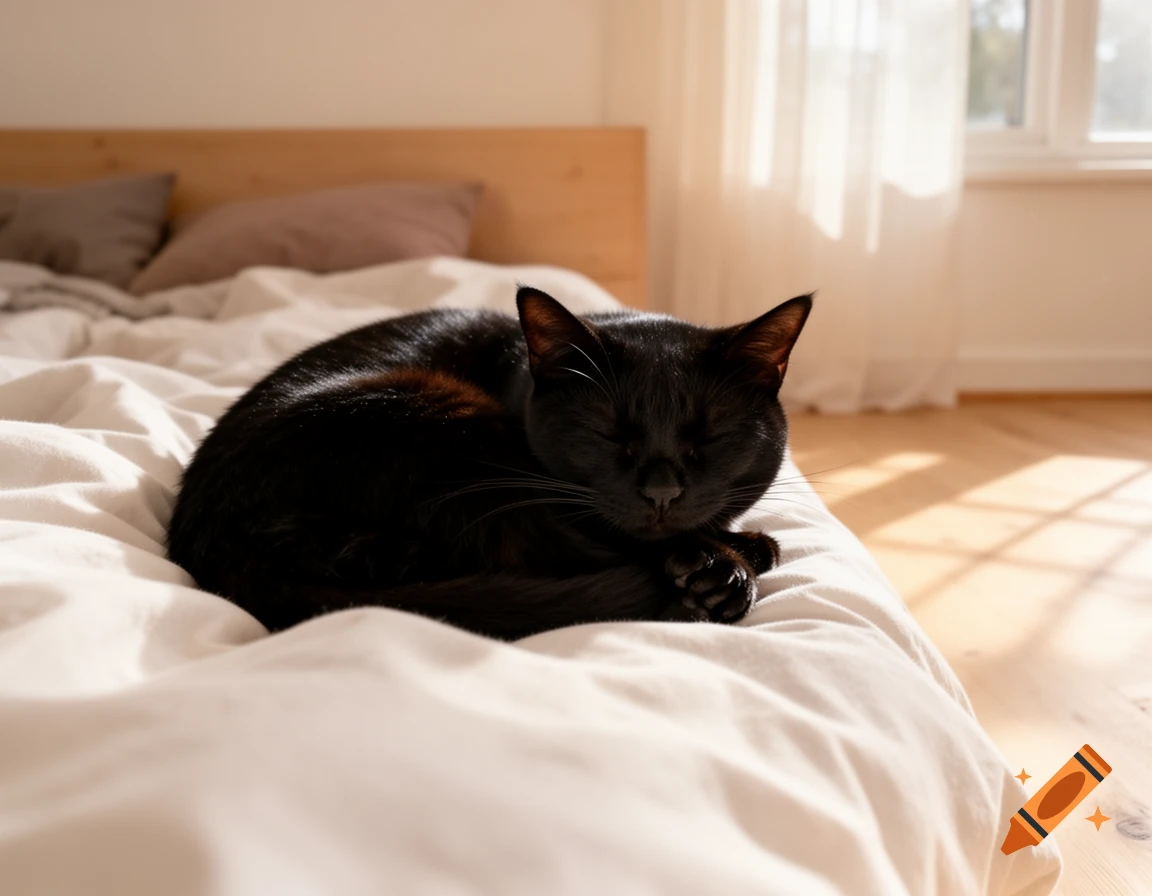 A black cat is curled up and sleeping peacefully on a white bed in a sunlit room.