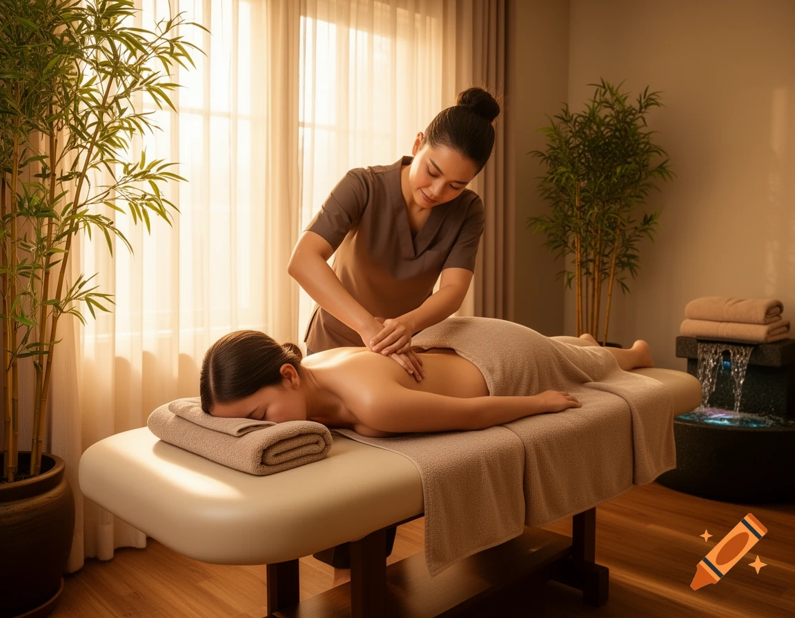 A therapist gives a back massage to a client covered by a towel in a serene spa room with plants and a water feature.