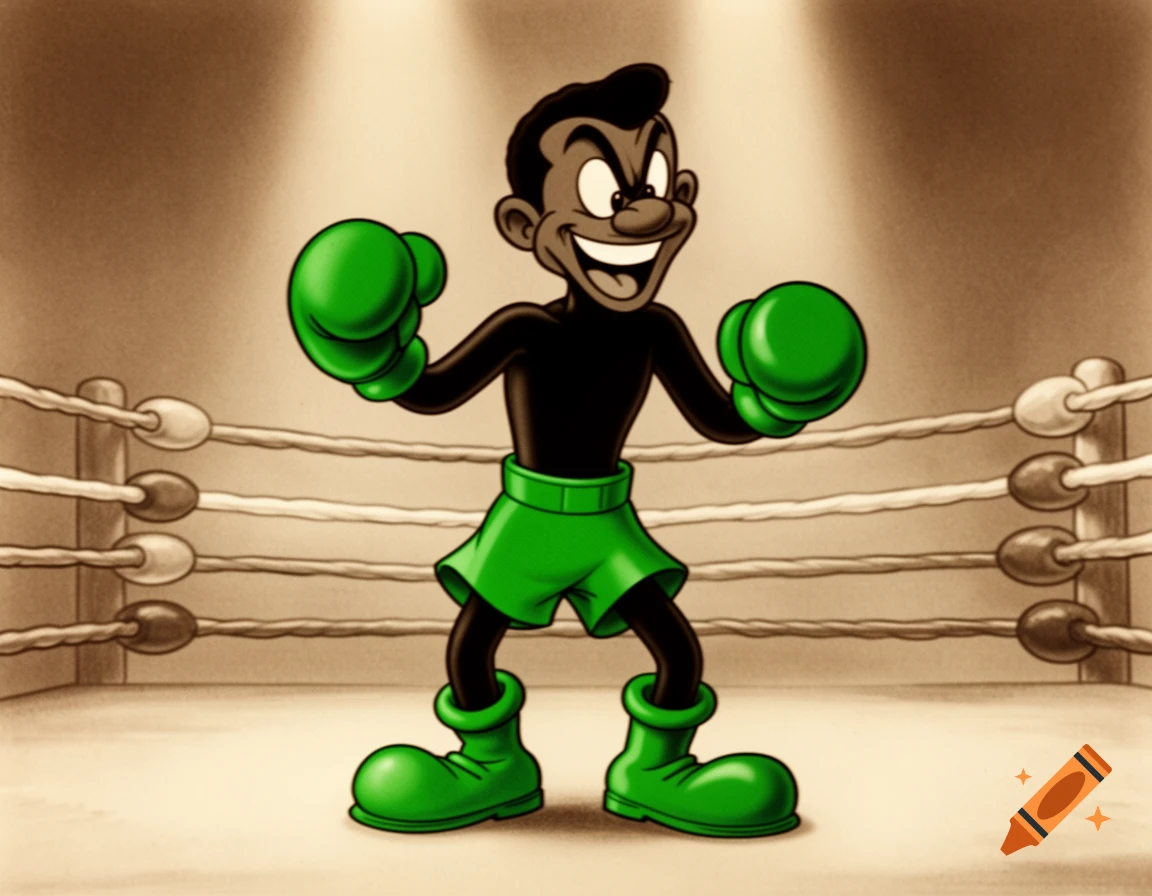 A grinning rubber hose cartoon boxer with black skin, green gloves, shorts, and boots stands in a spotlighted boxing ring.