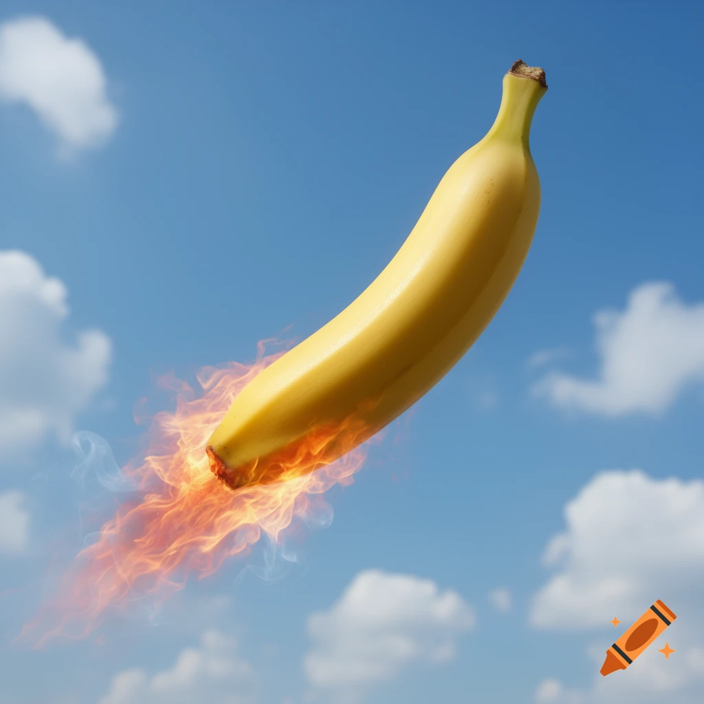 A ripe yellow banana flies through a blue sky with white clouds, leaving a fiery trail like a rocket.