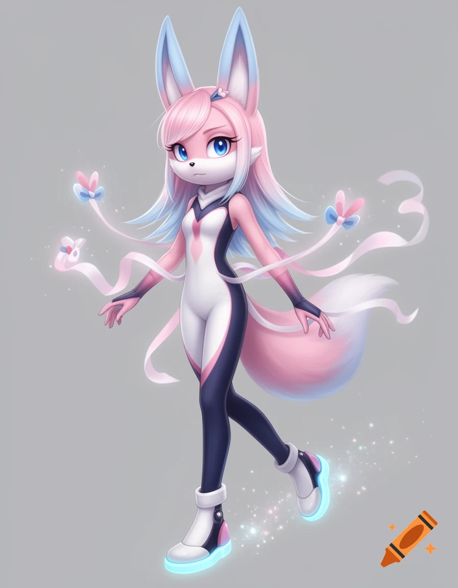 Anime style anthropomorphic pink and blue fox character in a sleek suit, with glowing shoes and floating ribbons.