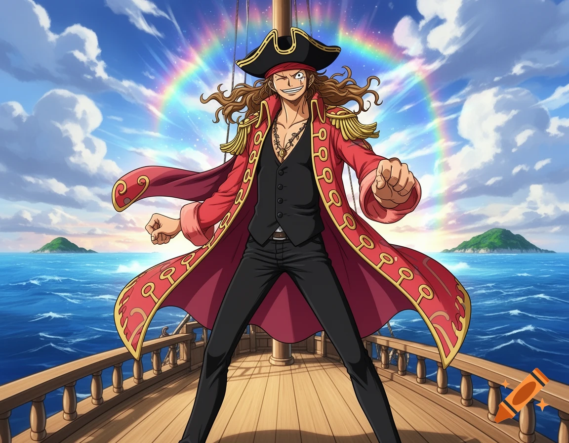 Anime male pirate captain with long brown hair, wearing a red coat and tricorn hat, winking on a ship deck with a rainbow and ocean background.
