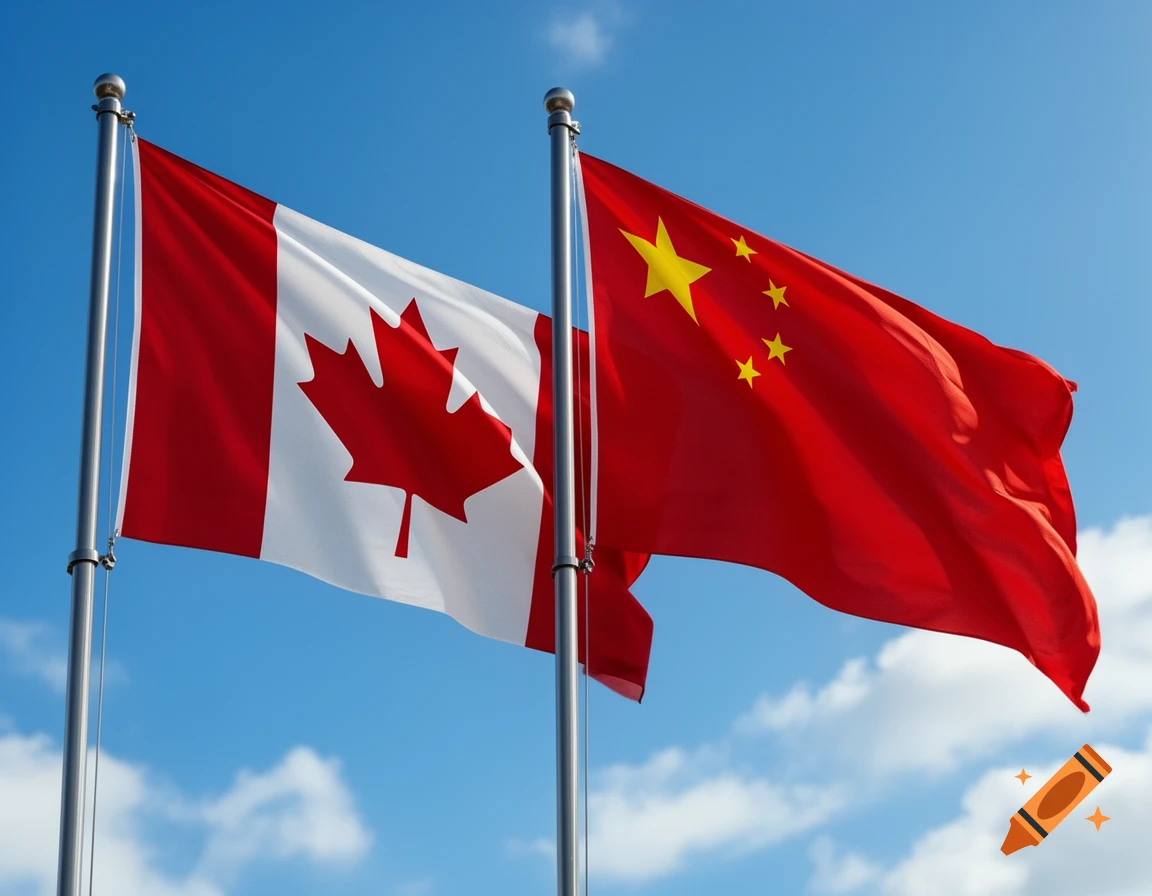 The flag of Canada with a red maple leaf on white and the flag of China with five yellow stars on red, flying side by side against a blue sky.