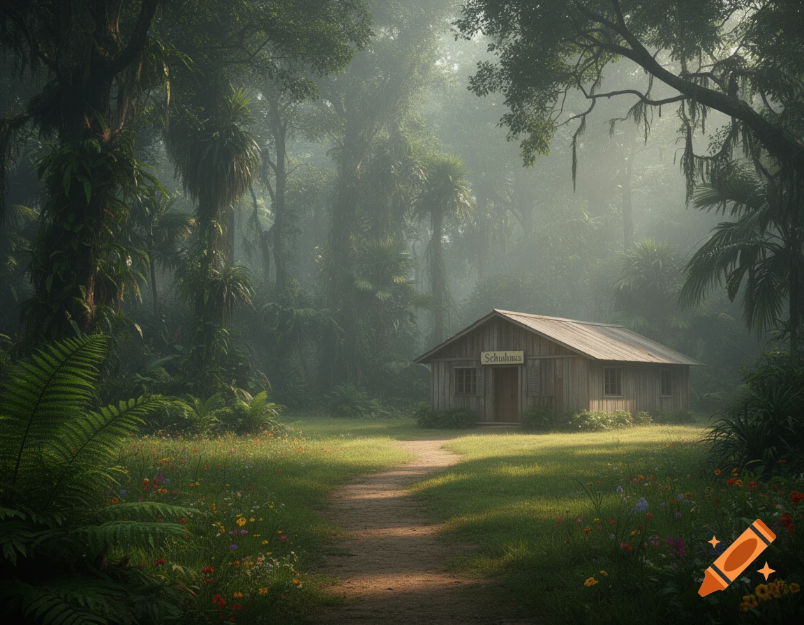 A narrow dirt path winds through a misty, lush green jungle towards a rustic wooden cabin with a sign on its front.