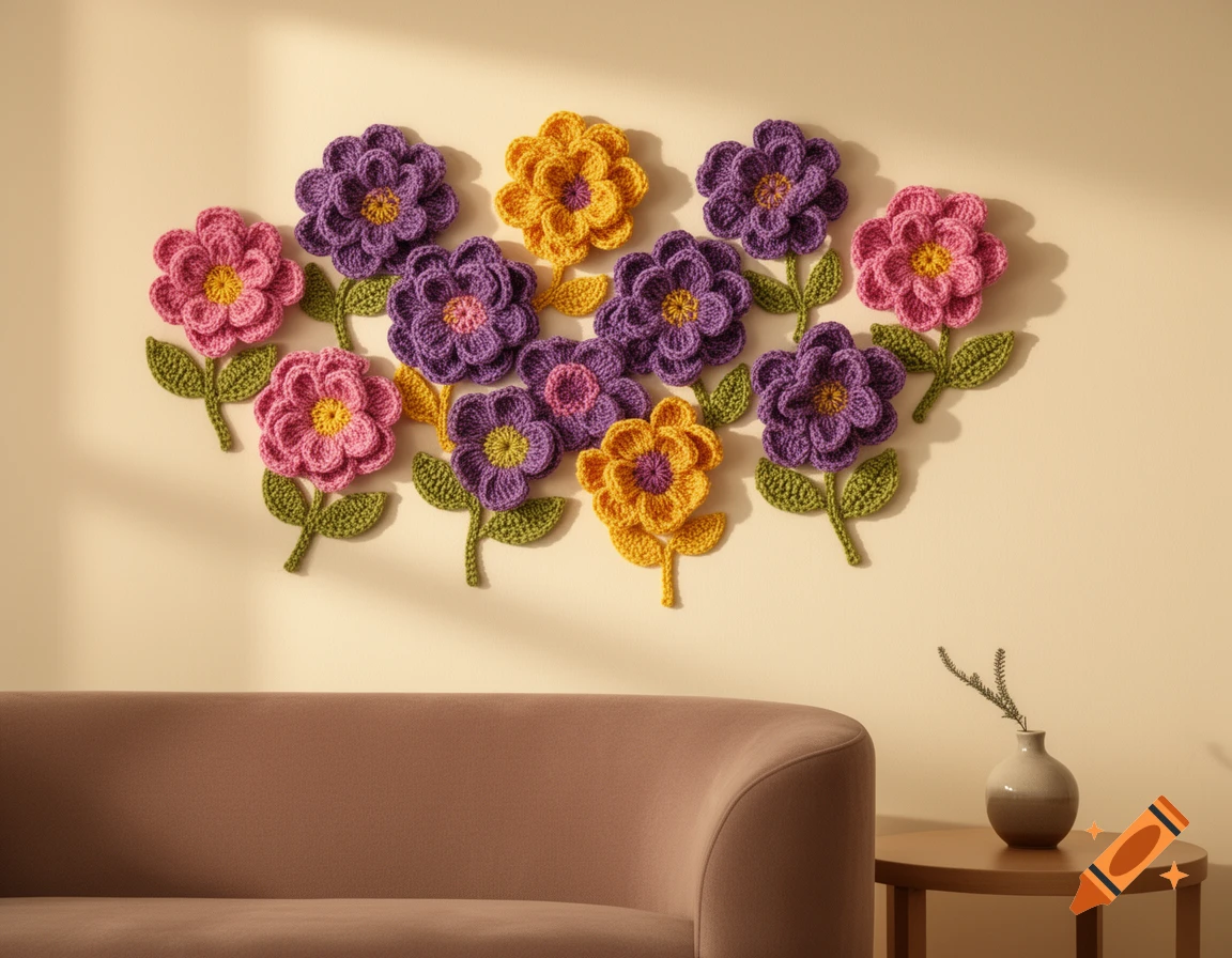 Crocheted flowers in pink, purple, and yellow arranged as wall art above a beige sofa, with a small vase on a side table.