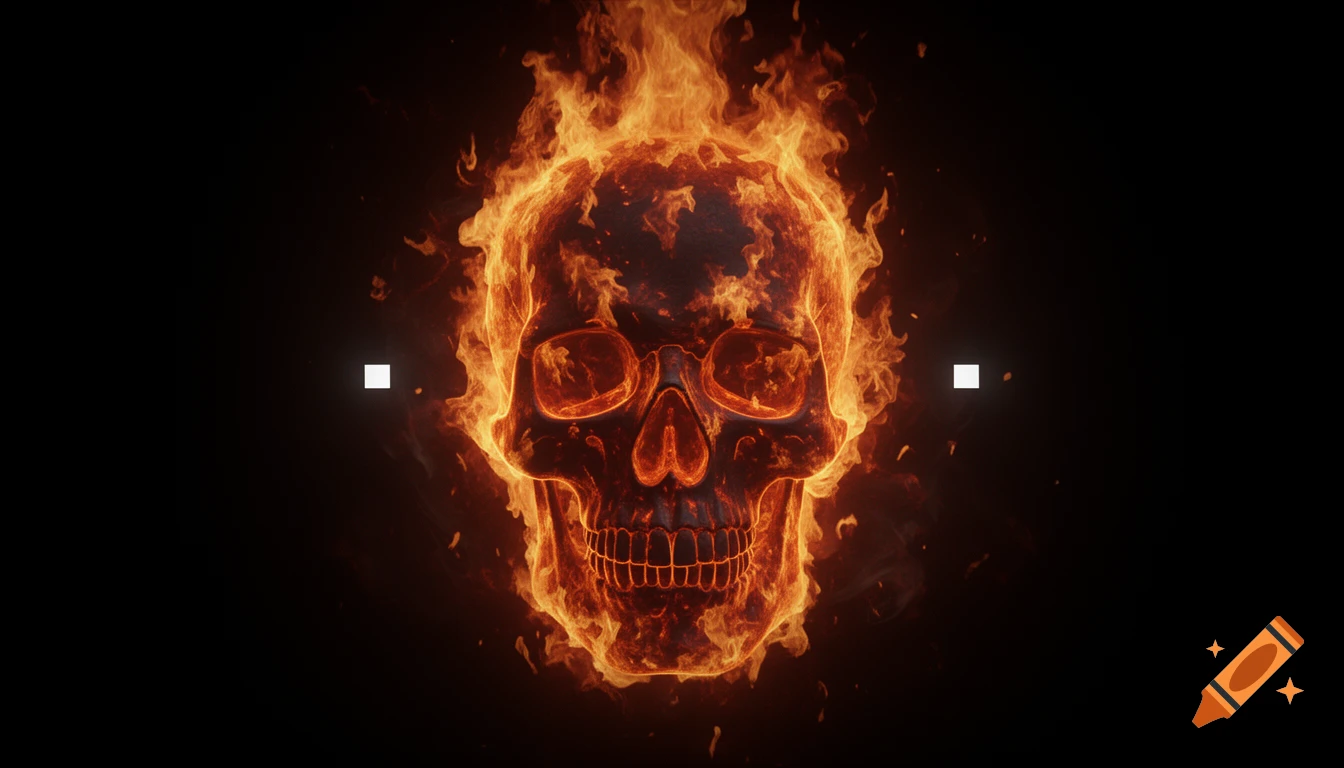 A dramatic, dark skull engulfed in vibrant orange and yellow flames against a pure black background.