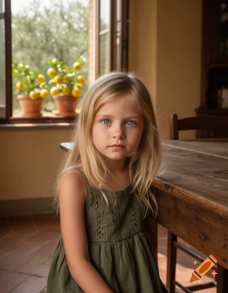 A blonde girl with blue eyes in a green dress sits at a wooden table in a sunlit room with lemon trees outside a window.