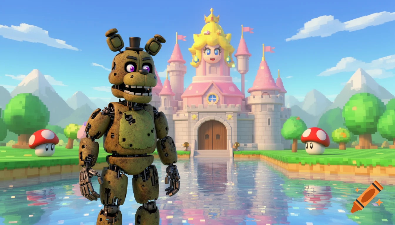 Springtrap from Five Nights at Freddy's stands in a pixelated Super Mario world in front of Princess Peach's castle.