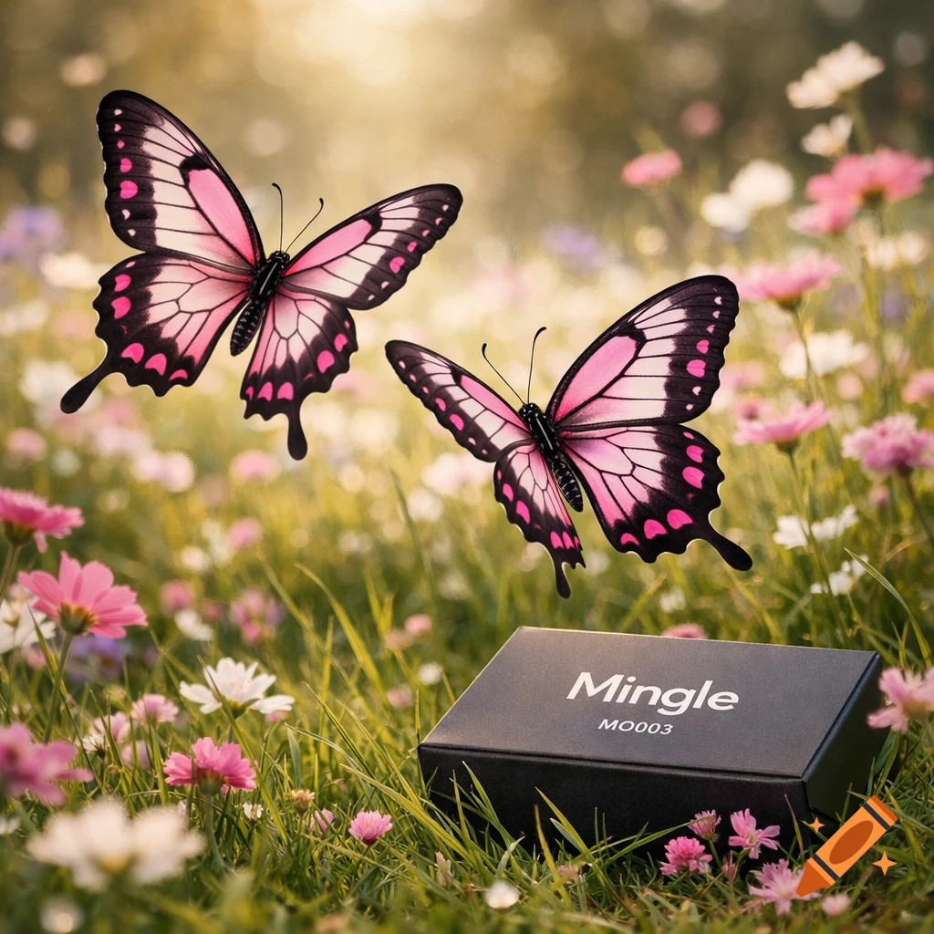Pink butterflies flutter over a flower-filled meadow, with a black Mingle MO003 box on the grass.