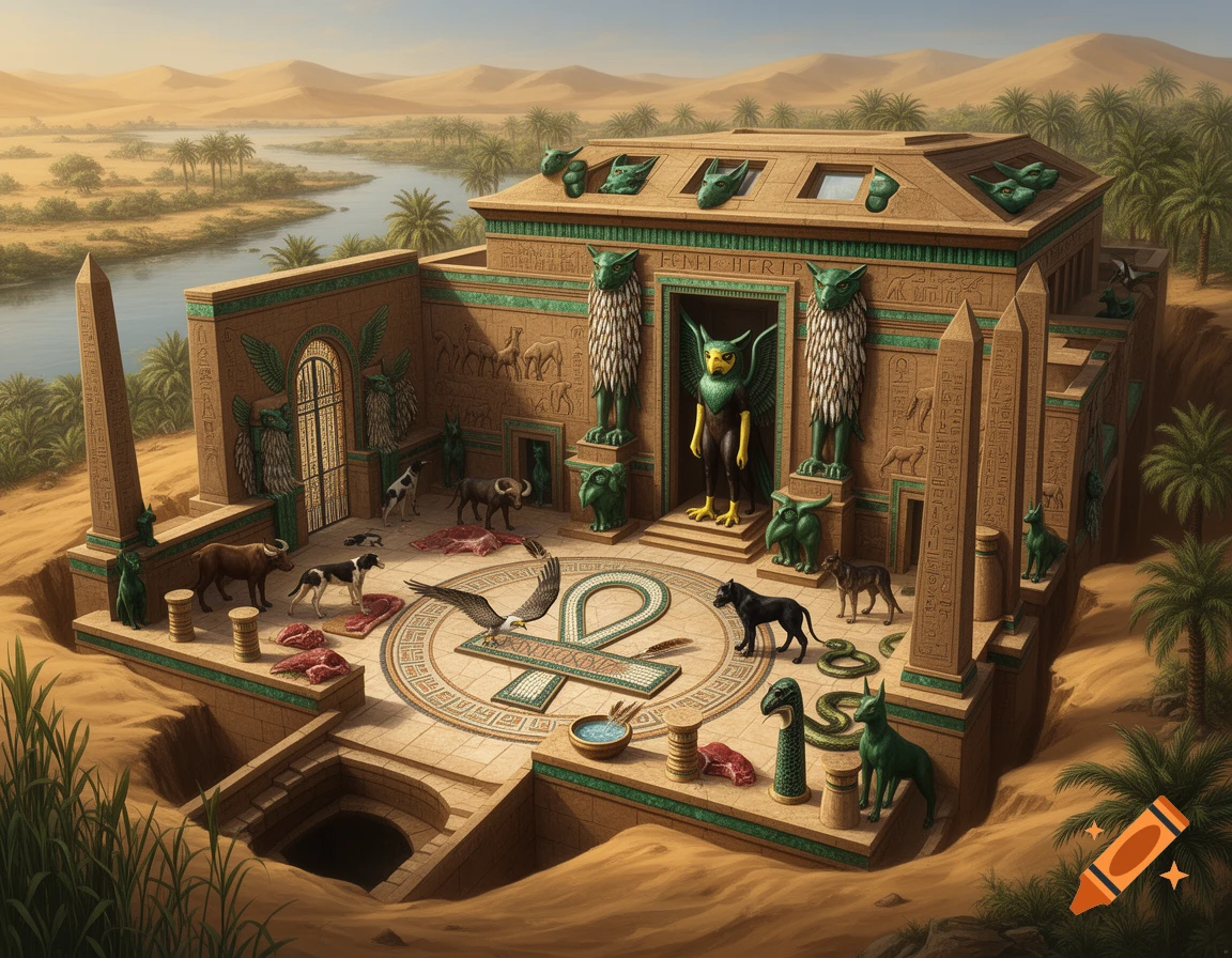 An ancient Egyptian-style temple complex in a desert oasis by a river, featuring obelisks, statues of animals, meat offerings, and a central bird-headed deity.