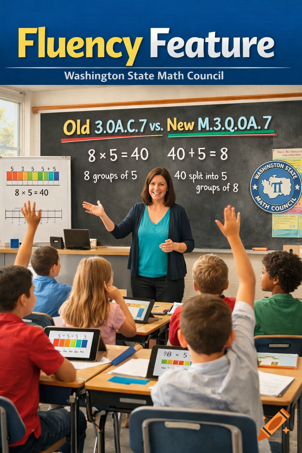 A teacher stands in a classroom explaining math concepts on a blackboard to attentive students, some raising their hands.