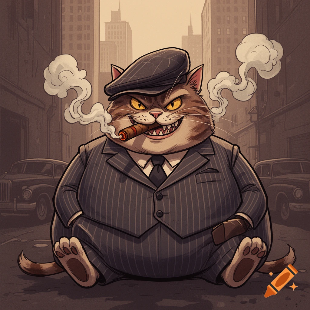 Cartoon illustration of a menacing, fat gangster cat in a pinstripe suit and flat cap, smoking a cigar in a city alley.