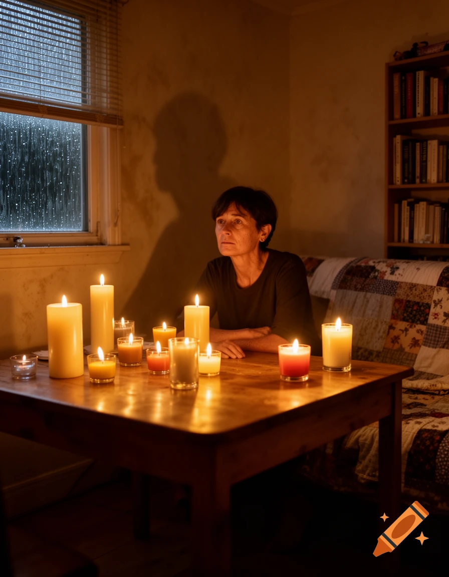 A woman sits at a table lit by numerous candles in a dim room with rain outside a window, photorealistic.
