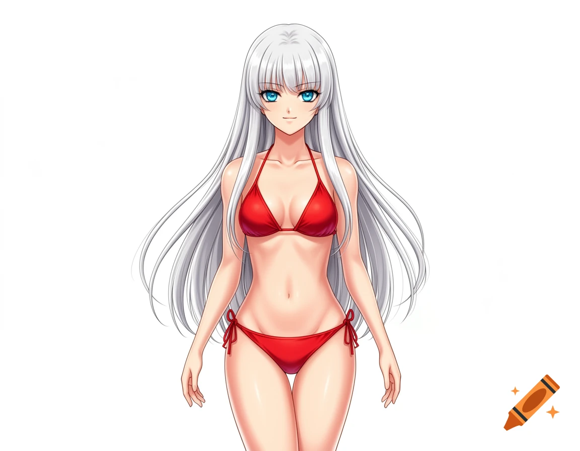 An anime style woman with long silver hair and blue eyes, wearing a red bikini, stands against a white background.