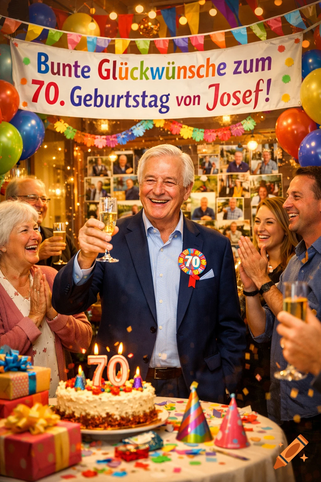 Smiling man celebrates his 70th birthday with family, holding champagne, next to a cake with '70' candles and a festive banner.