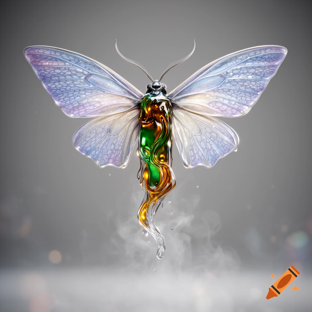 A stunning iridescent moth with translucent blue-purple wings and a glowing liquid body of green and amber swirls, set against a grey background.