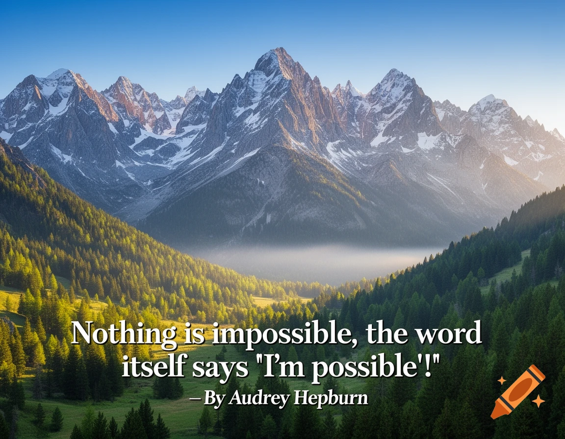 Majestic snow-capped mountains rise above a green valley with mist, under a clear blue sky, featuring an inspirational quote.