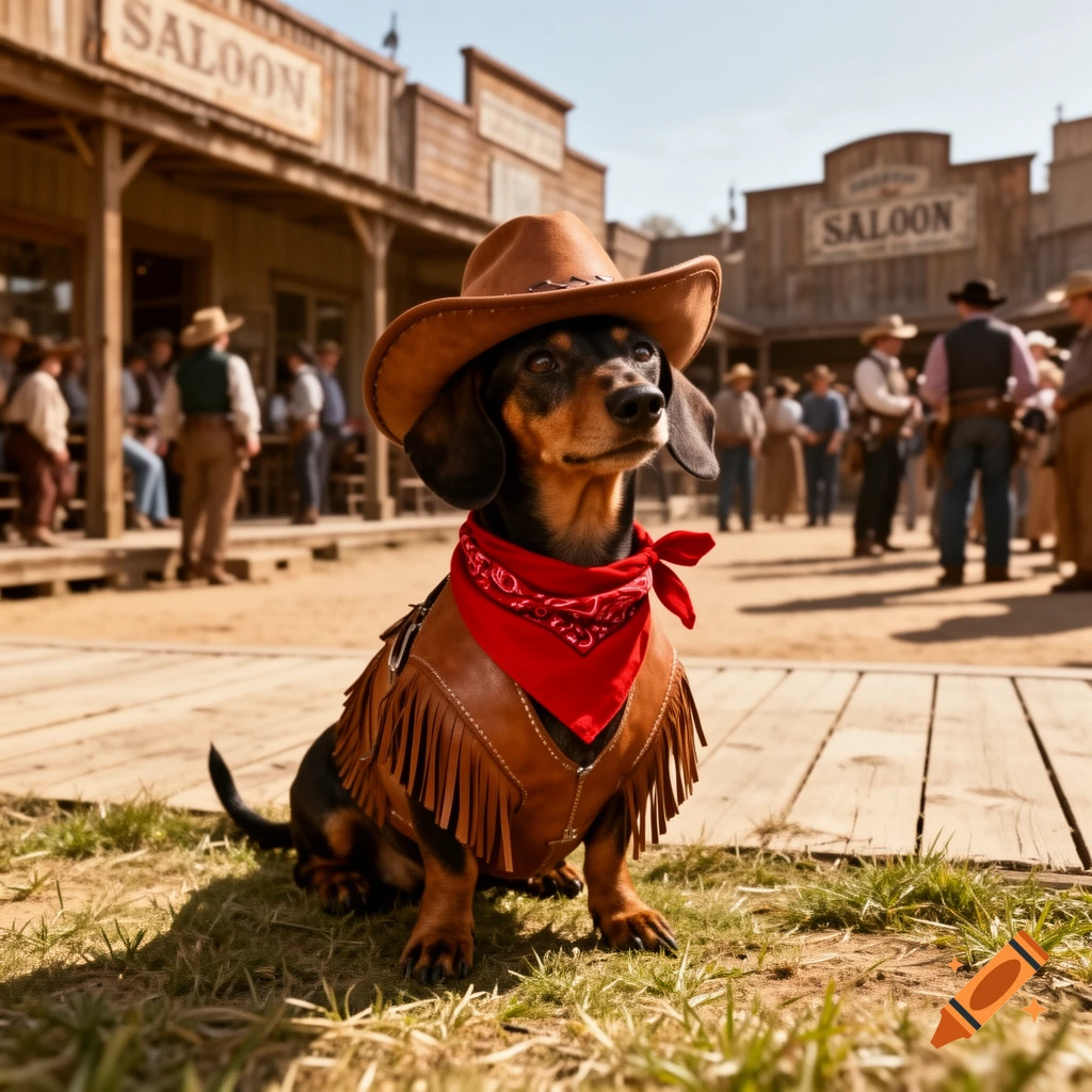 A dachshund dressed as a cowboy, wearing a hat, vest, and bandana, sits in a dusty Western town.