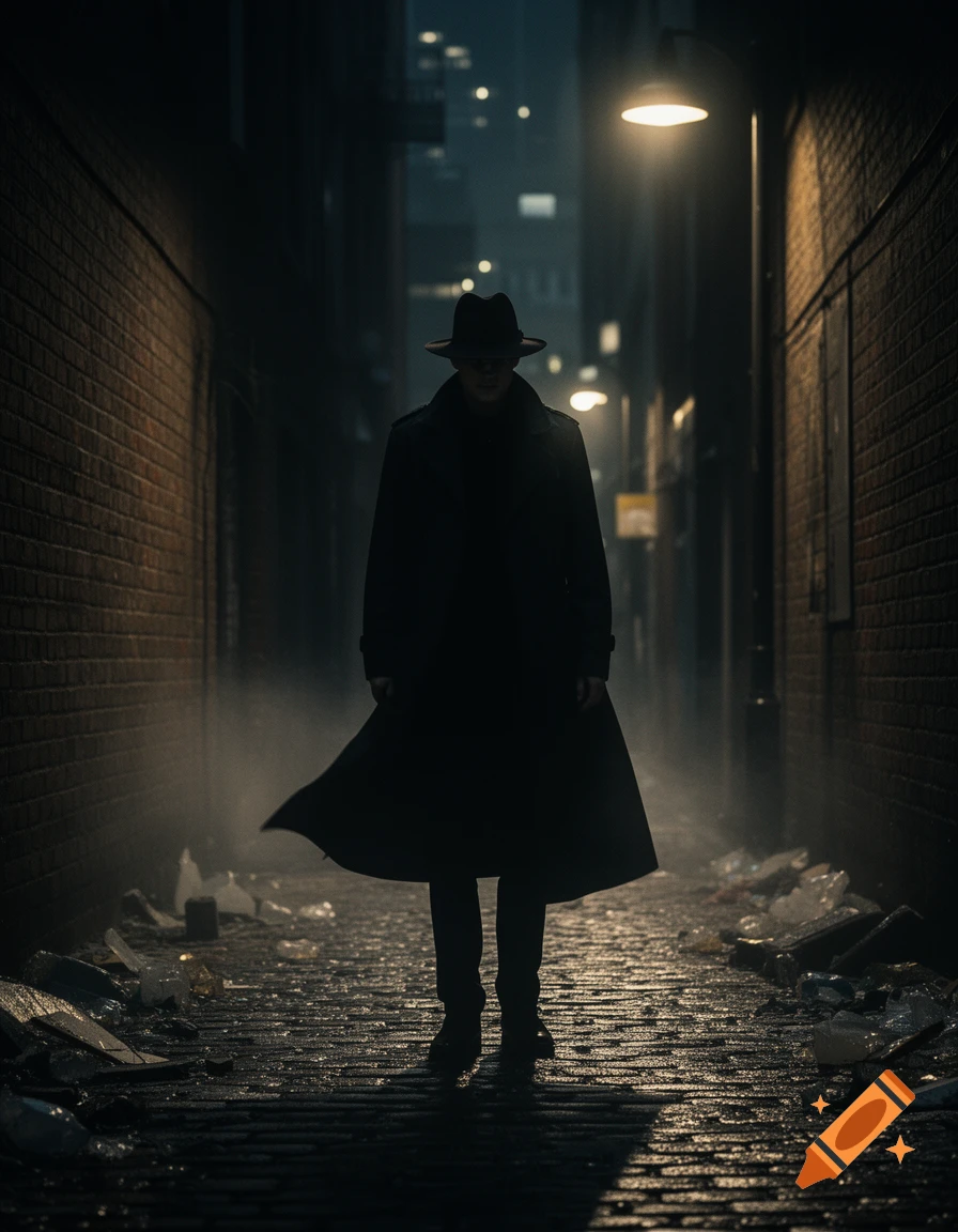A silhouetted figure in a fedora and trench coat stands in a dark, misty, trash-strewn alley under a streetlamp.