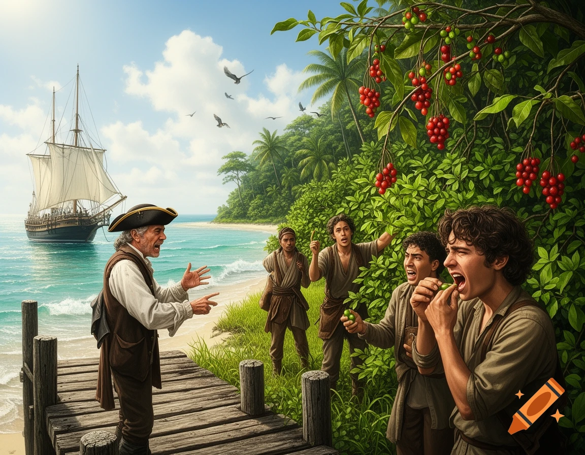 A detailed illustration of a captain gesturing on a wooden pier to three young men on a tropical island beach. One man eats green berries from a lush bush, with a sailing ship anchored offshore.
