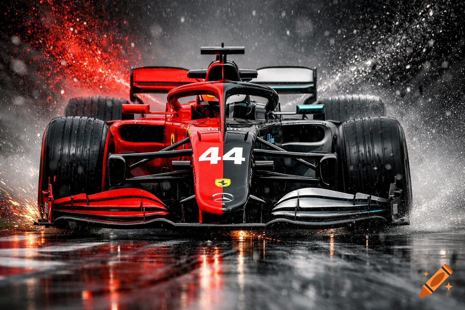Front view of a split red Ferrari and black Mercedes F1 car, number 44, on a wet track with sparks and water spray. Photorealistic style.