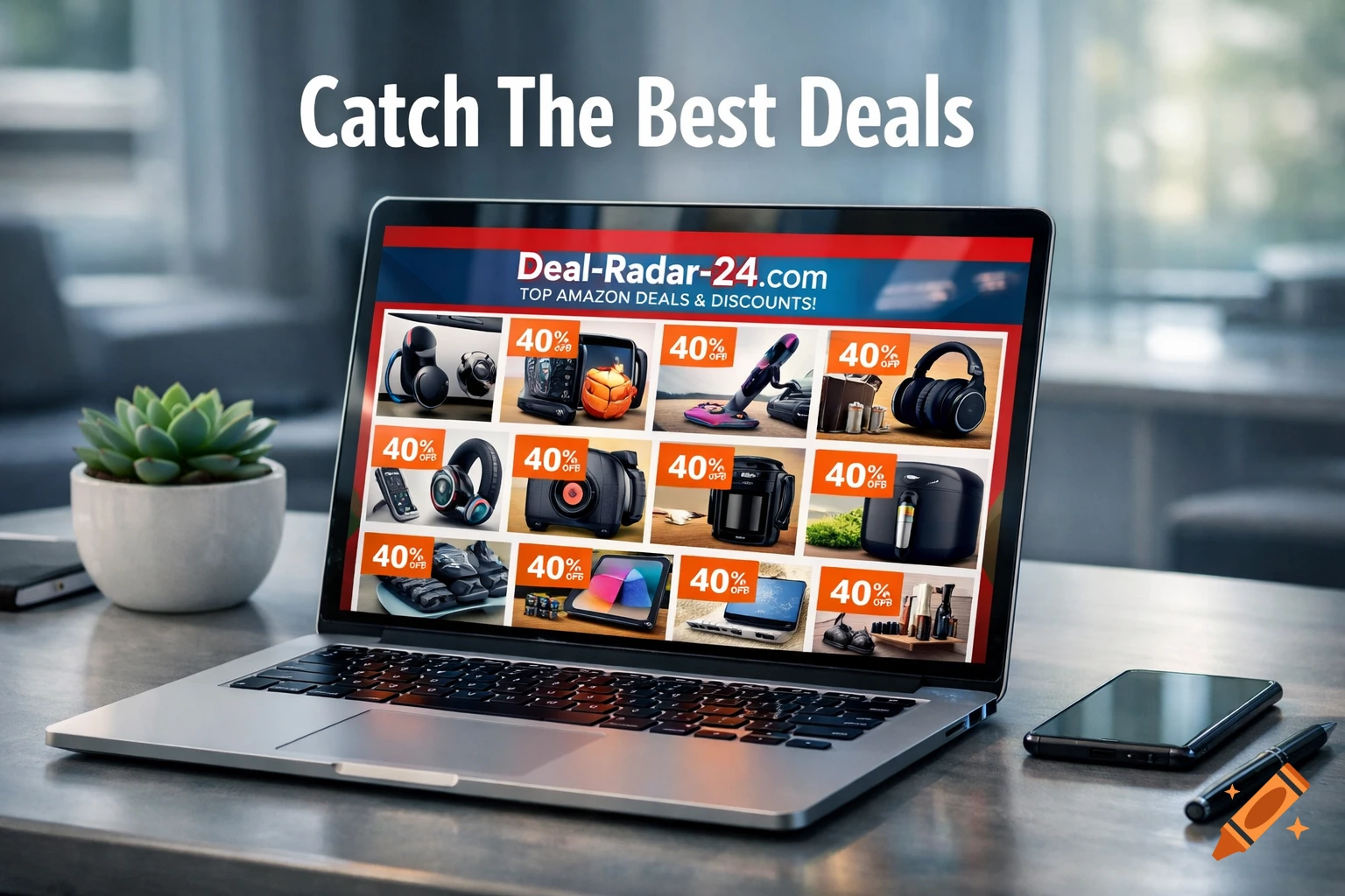 A laptop displaying a shopping website 'Deal-Radar-24.com' with various product deals showing '40% OFF'. A plant and smartphone are nearby. Overlay text reads 'Catch The Best Deals'. Photorealistic style.