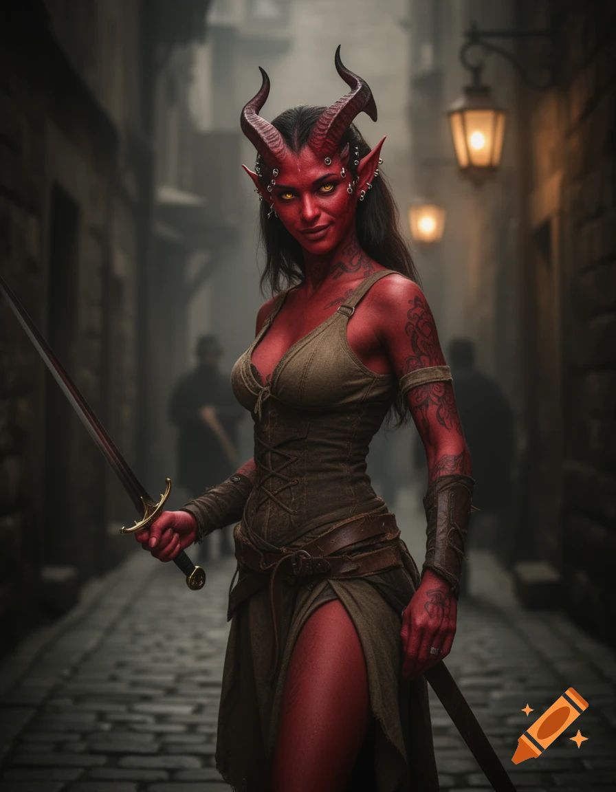 A red-skinned female tiefling with horns, piercings, and tattoos, holding a rapier in a dark, atmospheric alley. She wears earth-toned clothes with a high slit.