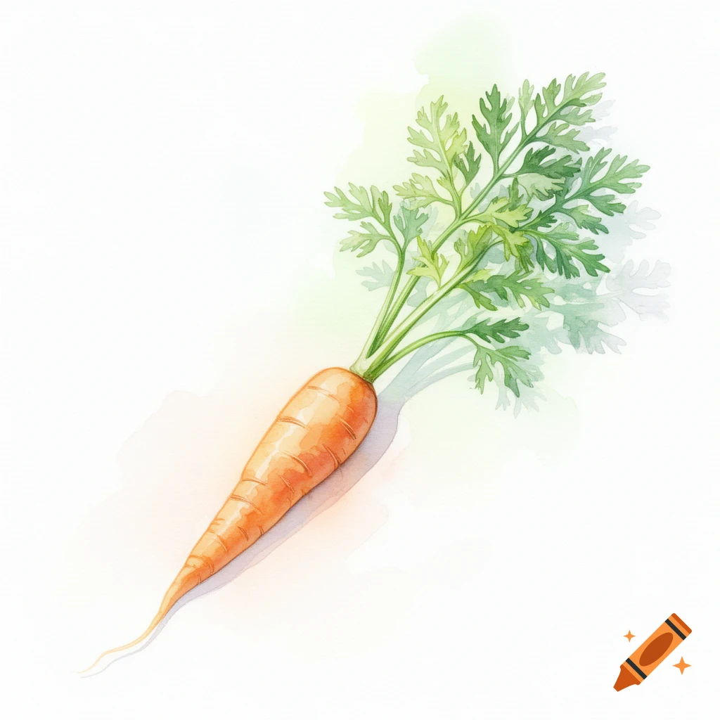Watercolor illustration of a fresh orange carrot with vibrant green leafy tops, against a soft white background with subtle green and orange washes.