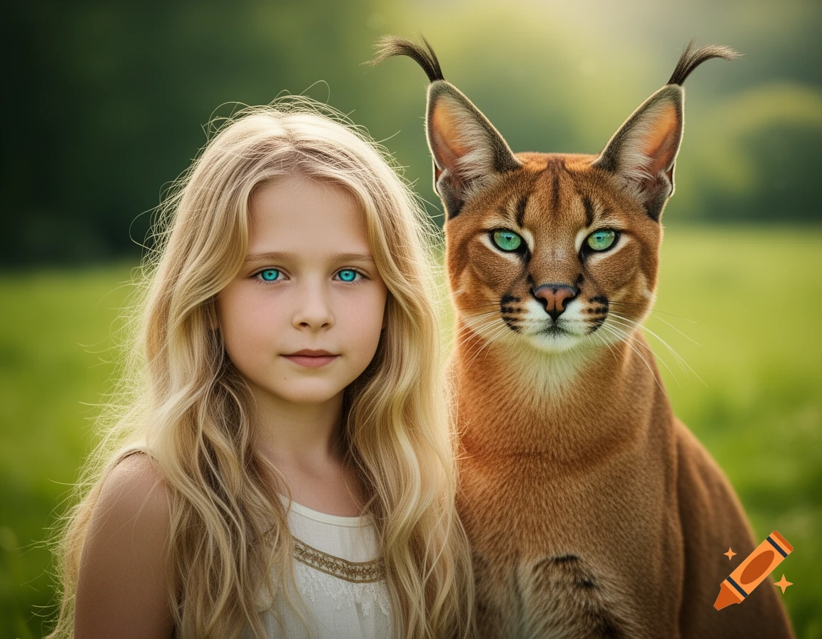 Photorealistic portrait of a blonde girl with blue-green eyes next to a caracal with green eyes in a grassy outdoor setting.