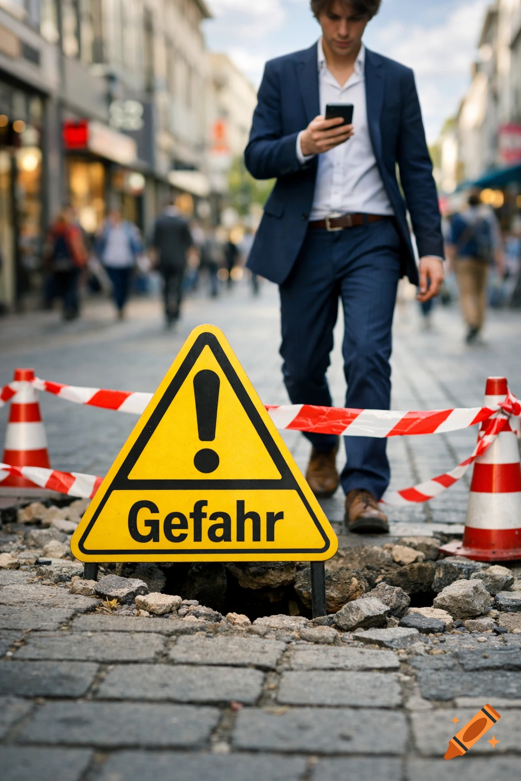 A man focused on his phone approaches a yellow 'Gefahr' sign and a hole in a cobblestone street, illustrating a hazard.