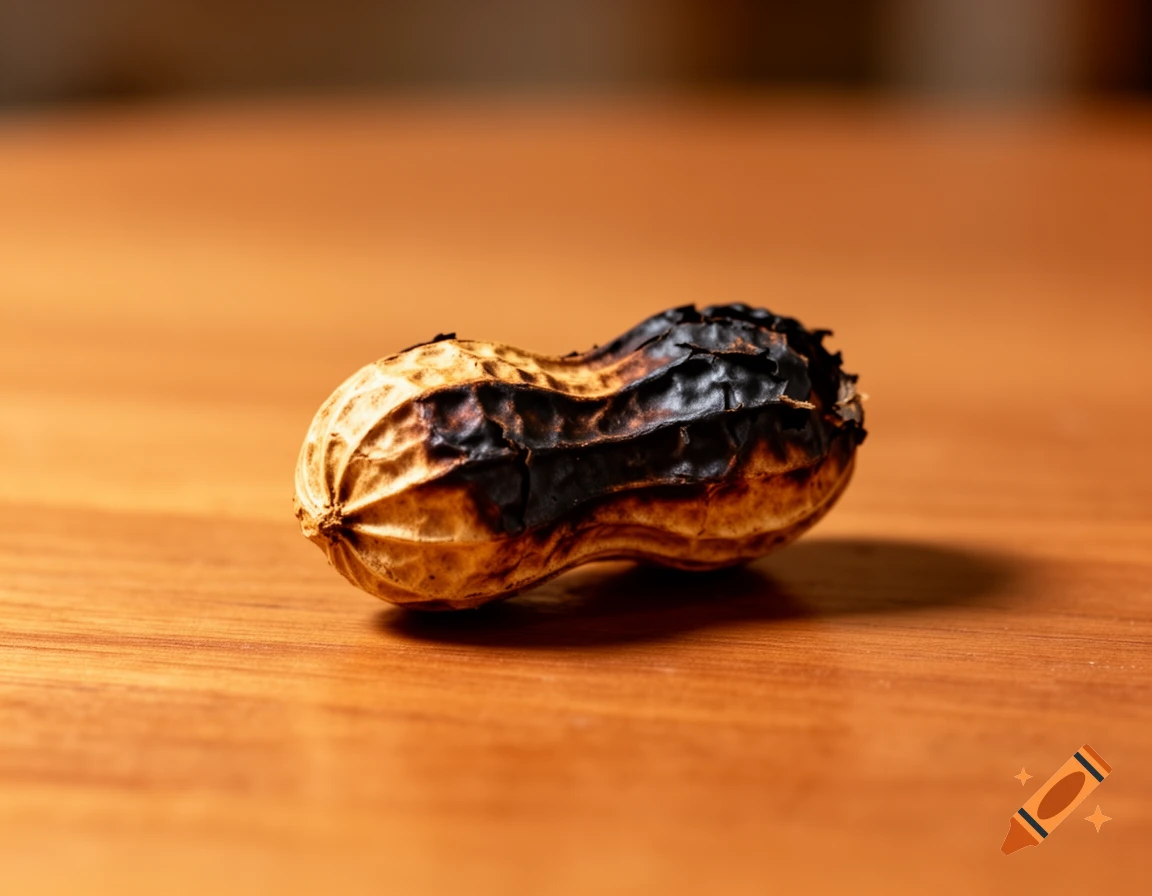 A single burnt peanut rests on a warm-toned wooden surface.