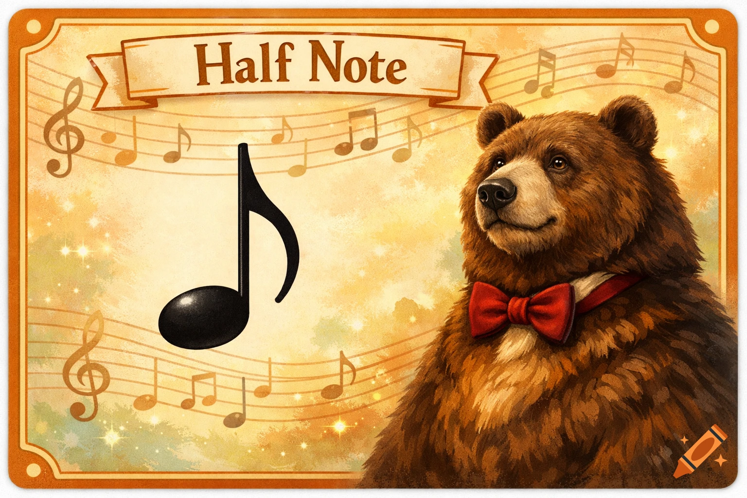 A distinguished brown bear with a red bow tie next to a large half note on a vintage music flashcard with sheet music.