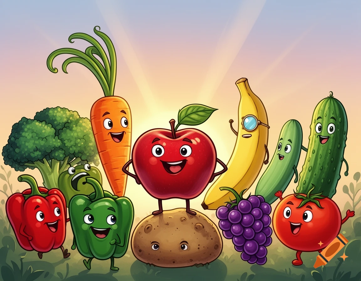 Smiling cartoon fruits and vegetables with arms and legs, including an apple, banana, carrot, broccoli, peppers, potato, grapes, cucumber, and tomato.