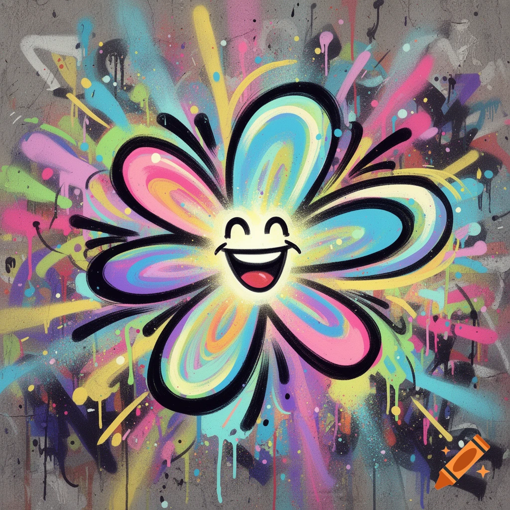 A vibrant, happy cartoon flower with a smiley face, painted in a graffiti style with colorful splatters on a concrete wall.