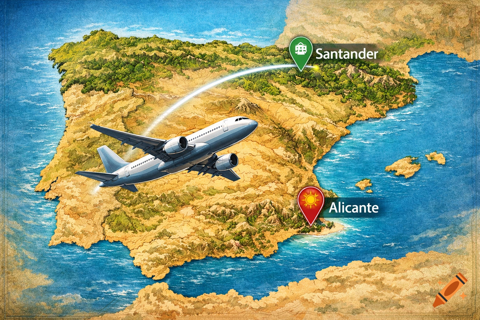 An illustrated map of Spain with an airplane flying from Alicante to Santander, marked by location pins.