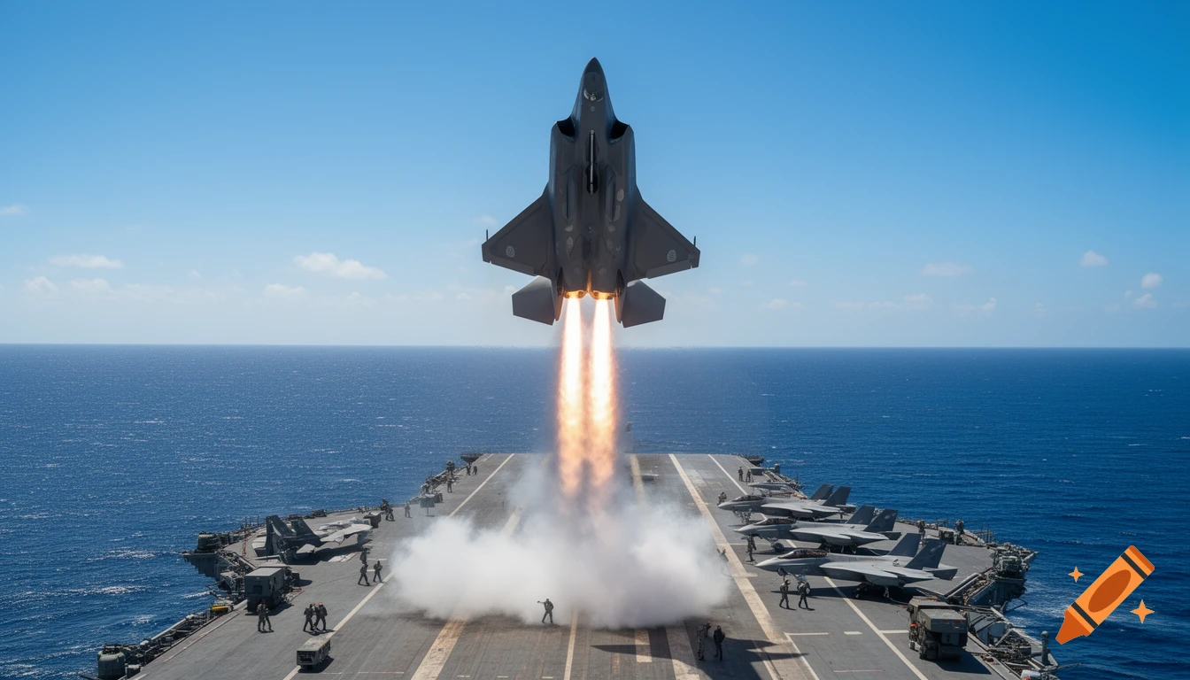 An F-35 fighter jet performs a vertical takeoff from the deck of an aircraft carrier at sea, with flames and smoke from its engines.