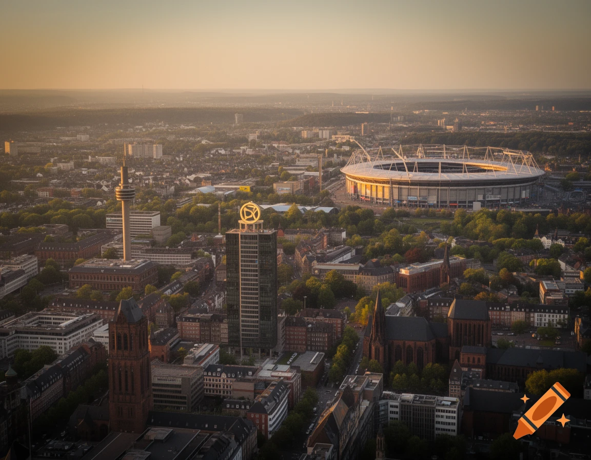 An aerial view of Dortmund, Germany, at sunset, showcasing prominent landmarks like the stadium, Florian Tower, Dortmunder U building, and Reinoldi Church amidst urban buildings and green trees.