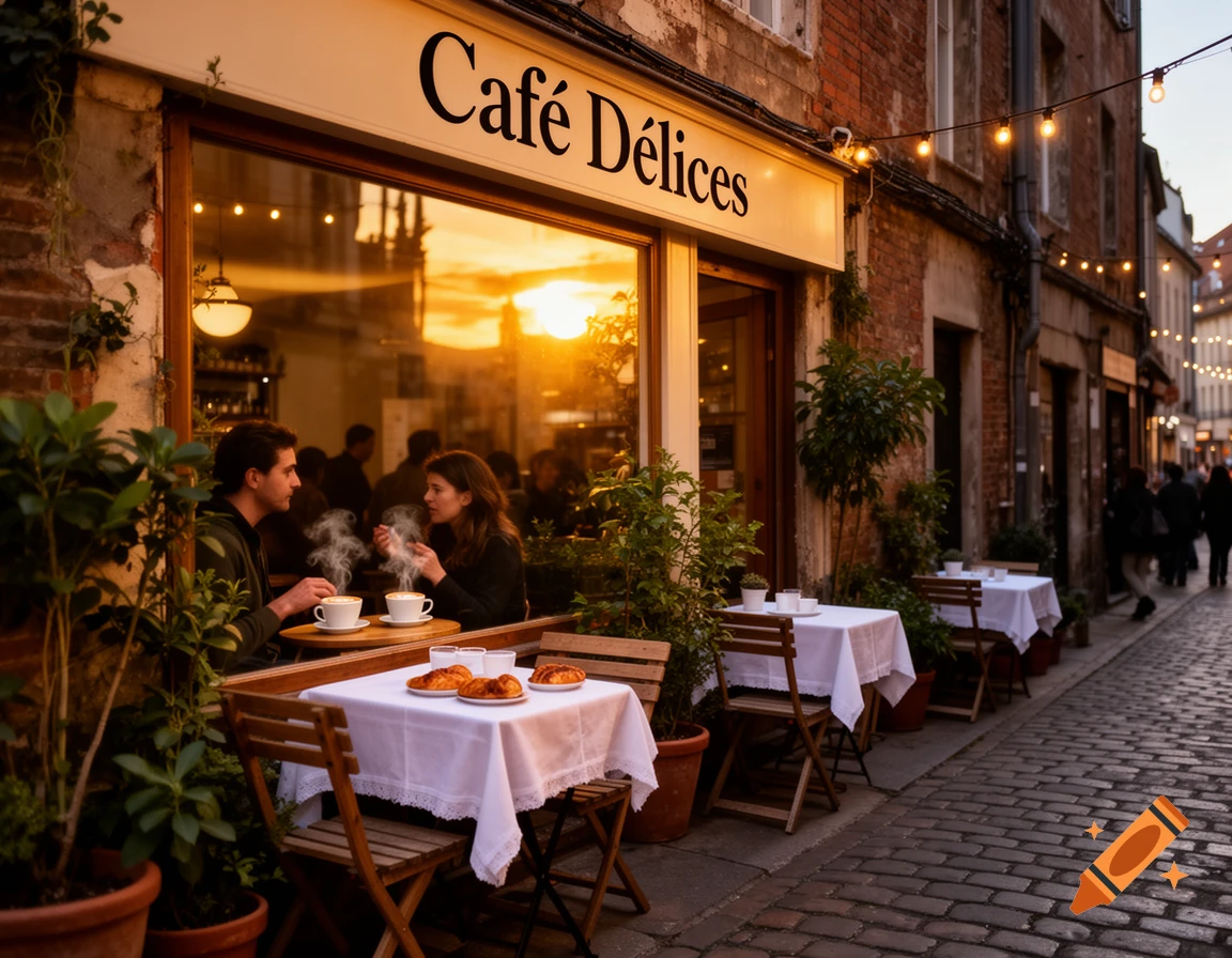 A couple drinks coffee outside a charming cafe on a cobbled city street at sunset, with string lights overhead.