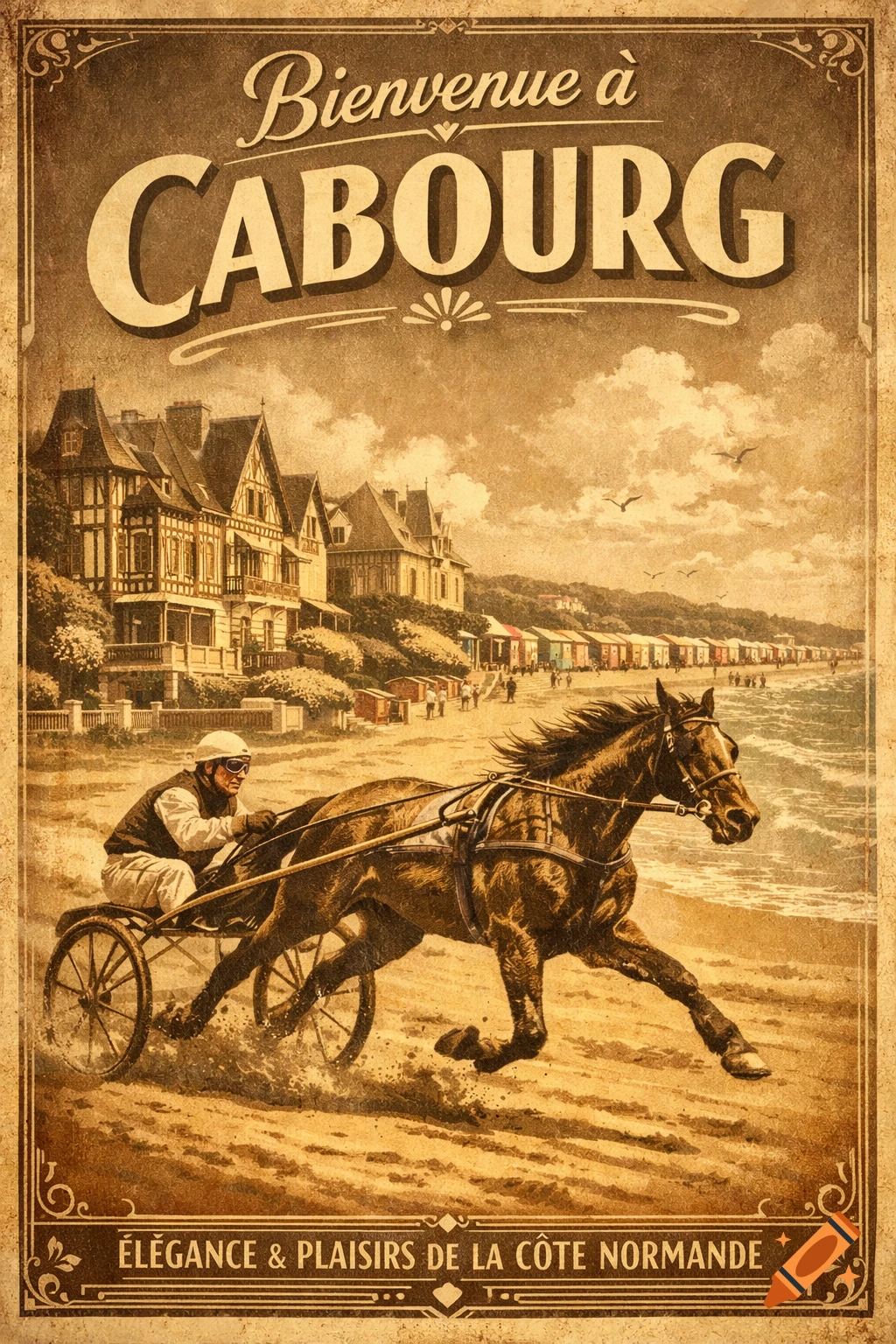 Vintage travel poster for Cabourg, France, featuring a jockey in a sulky with a horse on a beach, backed by grand buildings and beach huts.