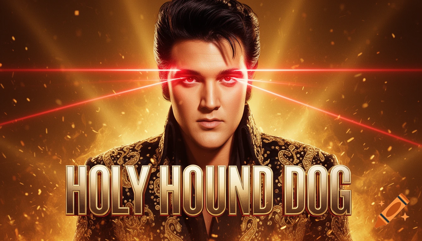An epic poster of an Elvis-like man with glowing red laser eyes, wearing a black and gold ornate jacket, against a fiery golden background with sparks. The text "HOLY HOUND DOG" is at the bottom.