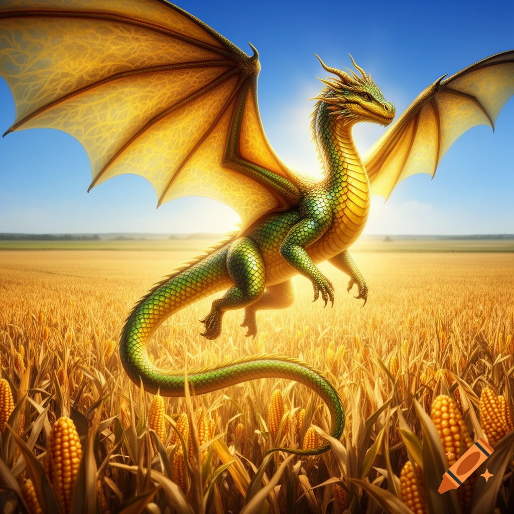 A majestic green and gold dragon with large wings flies over a golden cornfield under a bright blue sky, sunlight glowing behind it.